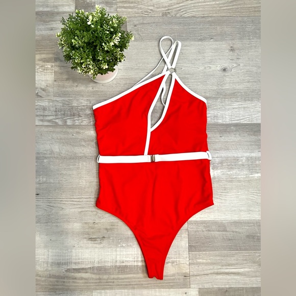 Red One-Shoulder Cutout Swimsuit | Belted Monokini | Size S - Picture 4 of 5